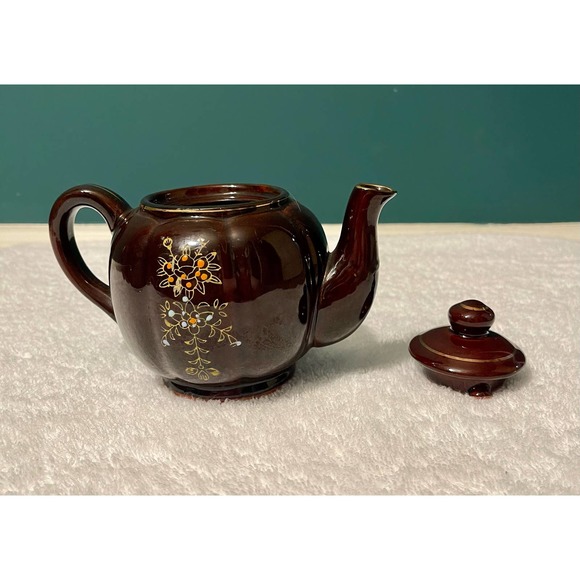 Vintage Moriage Redware Brown Betty Teapot w/ Lid Hand Painted Gold Trim Japan* - Picture 6 of 16